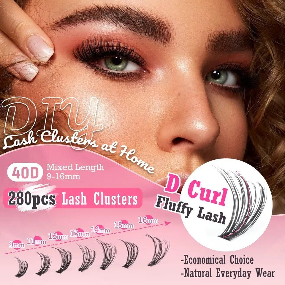 Eyelash Extension Kit D Curl Lash Clusters 280Pcs DIY Lash Extension Kit 40D ...